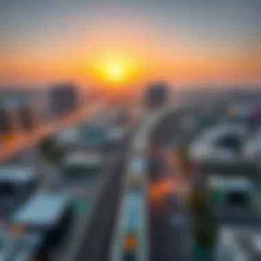 Aerial view of a Dubai Metro station surrounded by real estate developments