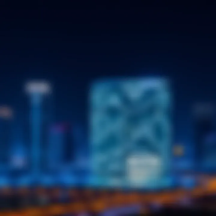 Night view of Aldar HQ illuminated against the skyline of Abu Dhabi