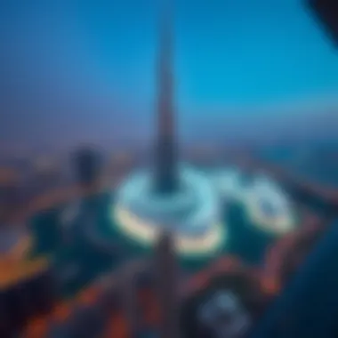 Aerial View of Burj Khalifa Fountain Show Aerial view of the Burj Khalifa with the fountain show