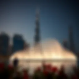 The Burj Khalifa Fountain illuminated at night