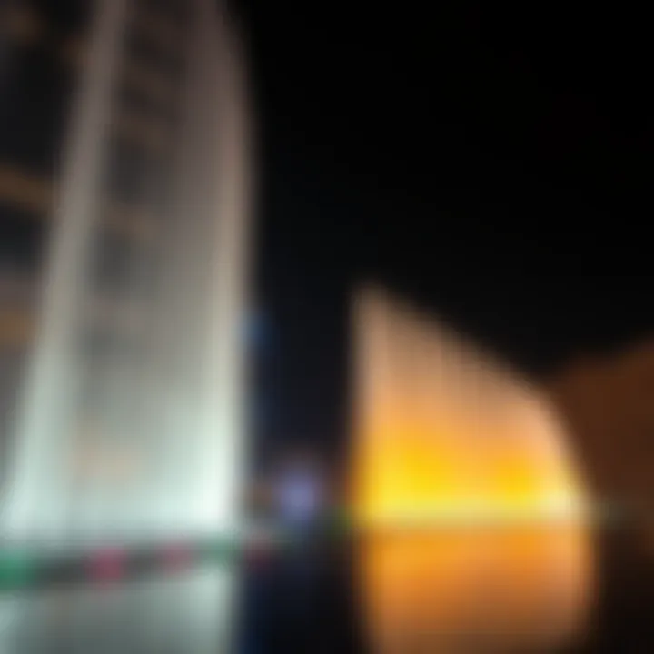 Nighttime display of the fountain with illuminated colors