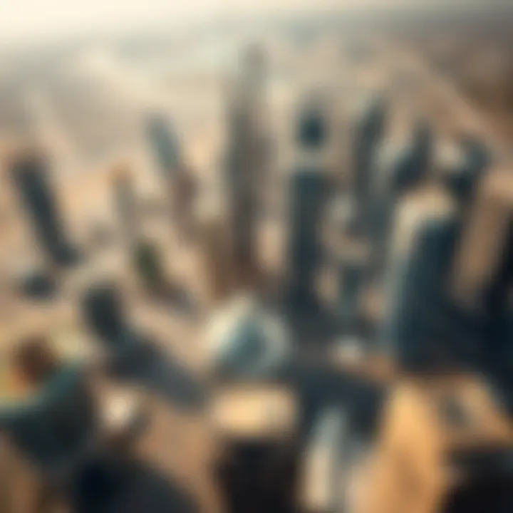 Aerial view of CBD in Dubai showcasing modern skyscrapers and urban planning.