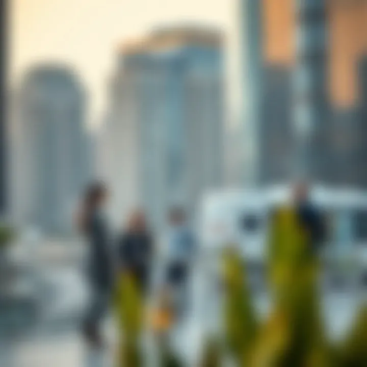 Business professionals engaging in discussions against the backdrop of CBD.