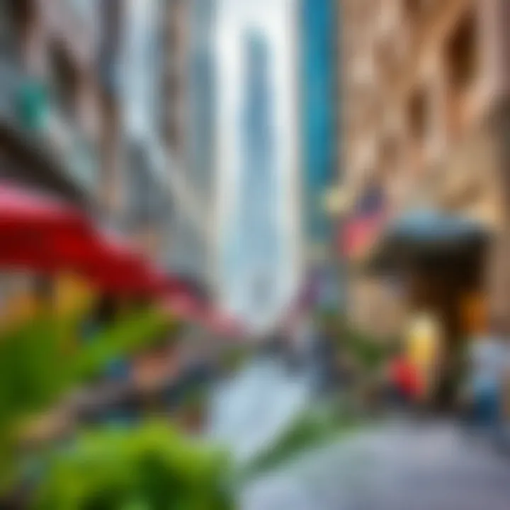 Vibrant street life in the CBD area with cafes and outdoor spaces.