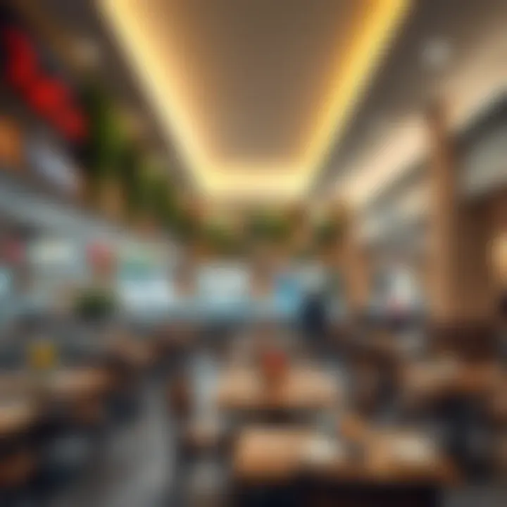 A cozy dining area within a budget-friendly mall, inviting visitors to enjoy various cuisines