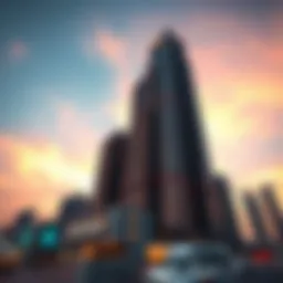 Stunning view of Al Meraikhi Tower against a vibrant sunset