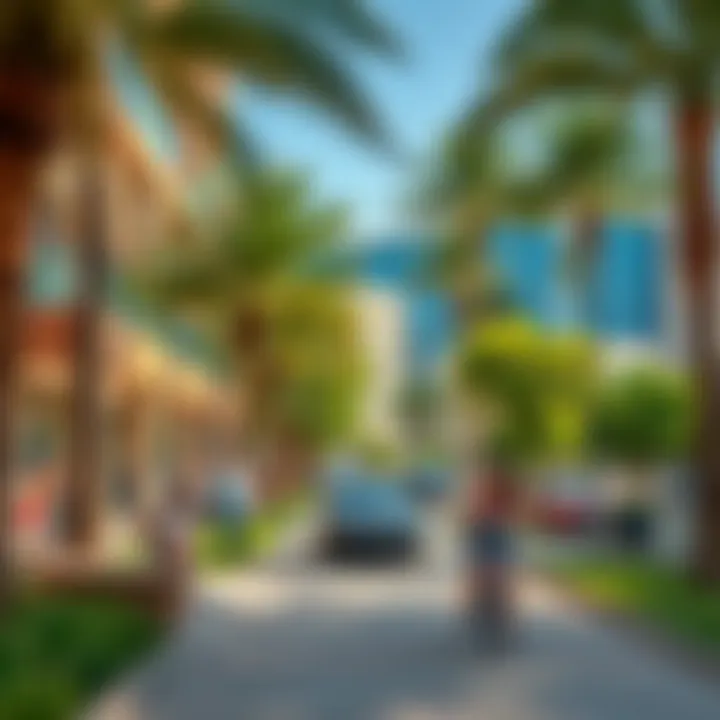 Community life illustration showing residents enjoying amenities and parks on Al Salam Street