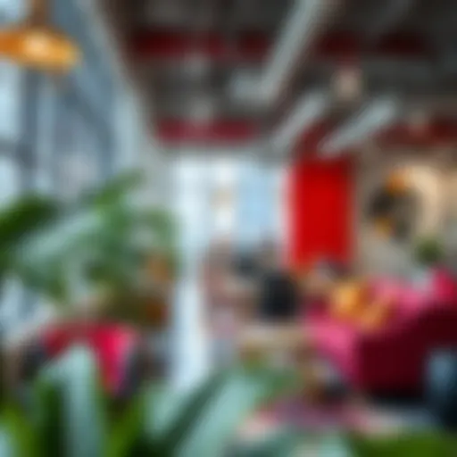Modern coworking space with vibrant decor and collaborative atmosphere