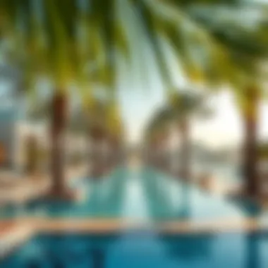 Lavish swimming pool area at Damac Towers by Paramount Tower B surrounded by palm trees