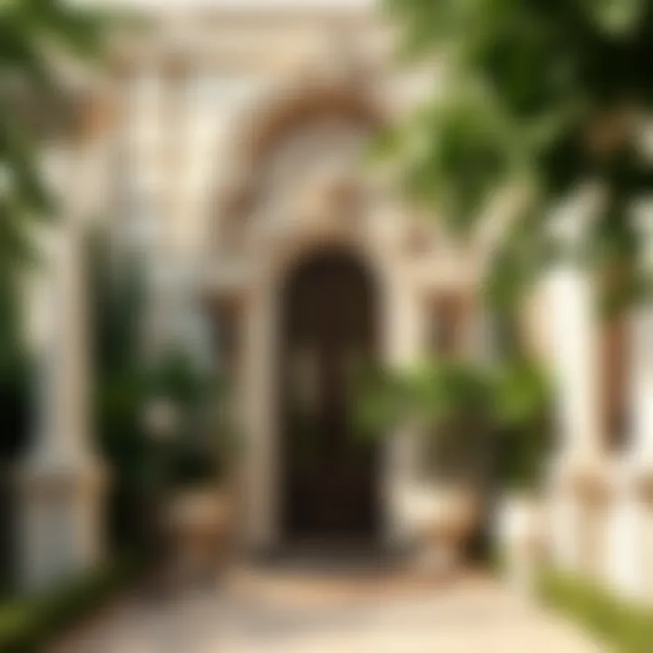 Exquisite entryway of a villa adorned with intricate detailing and lush landscaping
