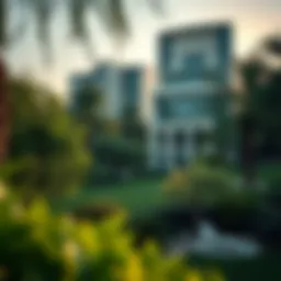 Lush park with modern architecture in the background