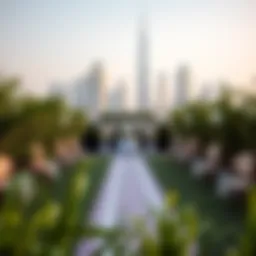 A stunning outdoor venue set against the Dubai skyline, showcasing lush greenery and elegant decor.