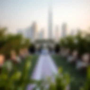 Outdoor Venue with Dubai Skyline A stunning outdoor venue set against the Dubai skyline, showcasing lush greenery and elegant decor.