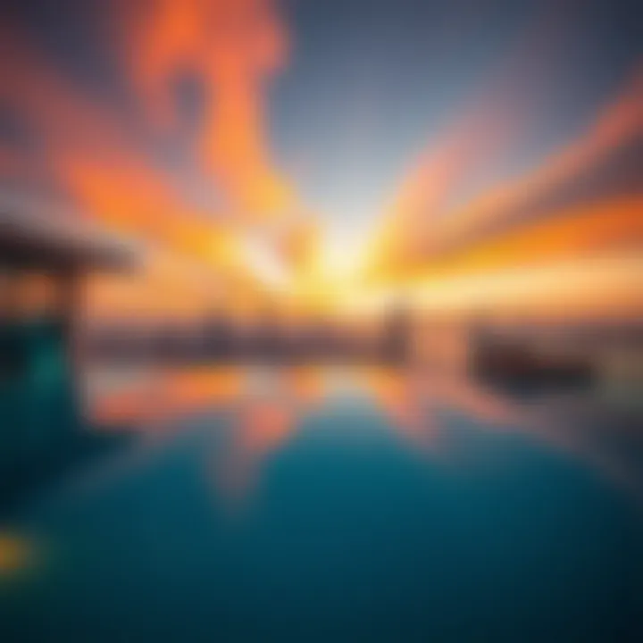Sunset Serenity at the Infinity Pool Luxurious infinity pool overlooking Dubai's skyline at sunset, reflecting the vibrant colors of the evening sky.