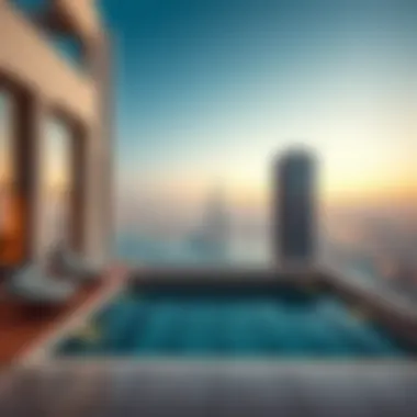 Luxury Redefined: Rooftop Sky Pools An elegant rooftop sky pool surrounded by modern architecture, symbolizing luxury and innovation in Dubai.
