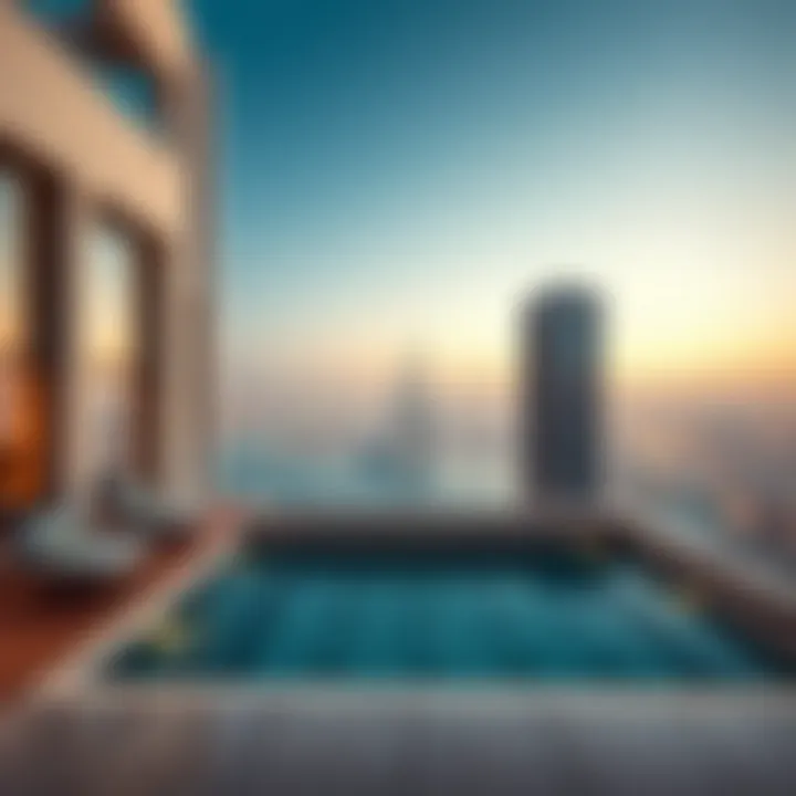 Luxury Redefined: Rooftop Sky Pools An elegant rooftop sky pool surrounded by modern architecture, symbolizing luxury and innovation in Dubai.