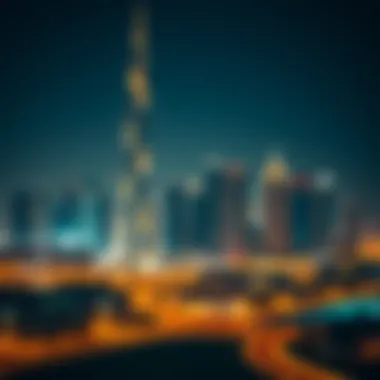 Dubai Skyline with Al Yasmeen Building at Night Night view of Dubai skyline featuring Al Yasmeen Building