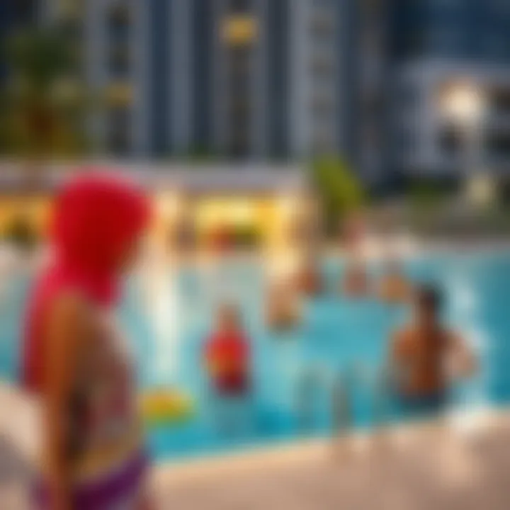 Community Engagement at the Pool Community gathering around the pool area emphasizing social interactions and wellness activities