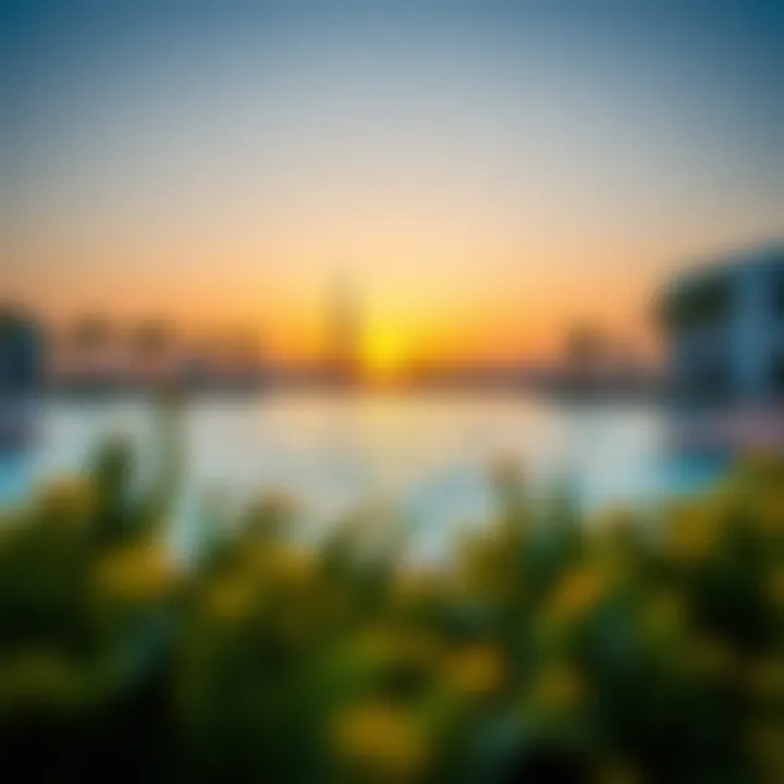 Serene Sunset at Mohammed Bin Zayed City Pool Panoramic view of the pool at sunset illustrating the serene atmosphere and health benefits
