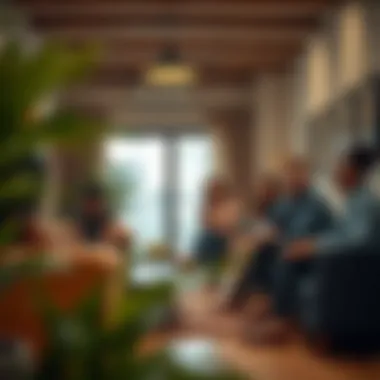 Communal Living Experience Group of diverse individuals enjoying a communal area in a flat