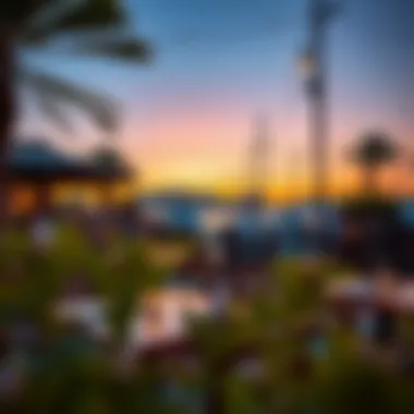 Outdoor Dining Scene at Sunset A vibrant outdoor dining scene during sunset, illustrating the lively atmosphere of Marina eateries