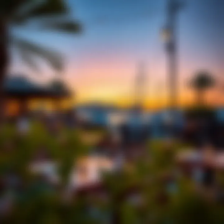 Outdoor Dining Scene at Sunset A vibrant outdoor dining scene during sunset, illustrating the lively atmosphere of Marina eateries