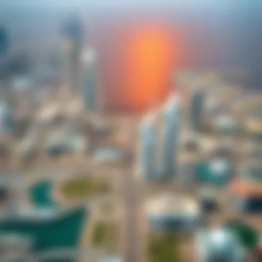 Aerial Perspective of Dubai South and Business Bay Aerial view showcasing the contrast between the modern skyline of Business Bay and the developing landscape of Dubai South.