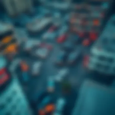 An aerial view of a congested parking area in downtown Dubai