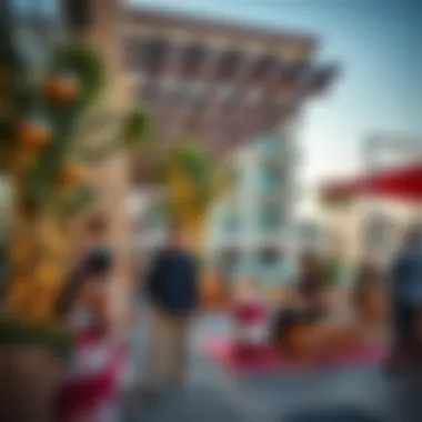 Community Interaction in Dubai A vibrant community space in a Dubai real estate development, showcasing interaction among residents and outdoor amenities.