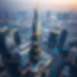 Aerial view of Sarah Tower showcasing its unique architectural design against the Dubai skyline.