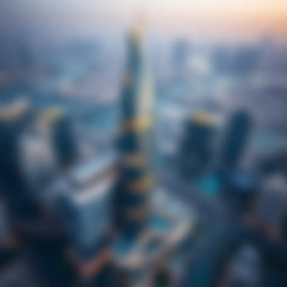 Aerial view of Sarah Tower showcasing its unique architectural design against the Dubai skyline.