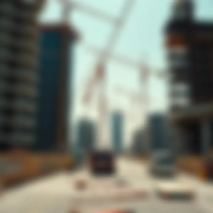 Dynamic Construction Scene in Dubai Construction site in Dubai with cranes and workers in action