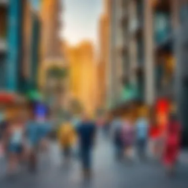 Vibrant city walk with people interacting near modern buildings