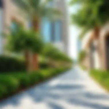 Serene urban pathway lined with greenery and stylish structures